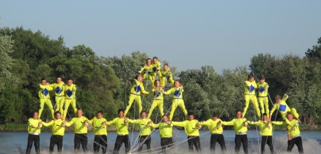 Members of the Five Seasons Ski Team attempt a three-tier pyramid as part of the opening act of their weekly show last Thursday at Ellis Park. The club performs regularly and participates in regional and national competitions.